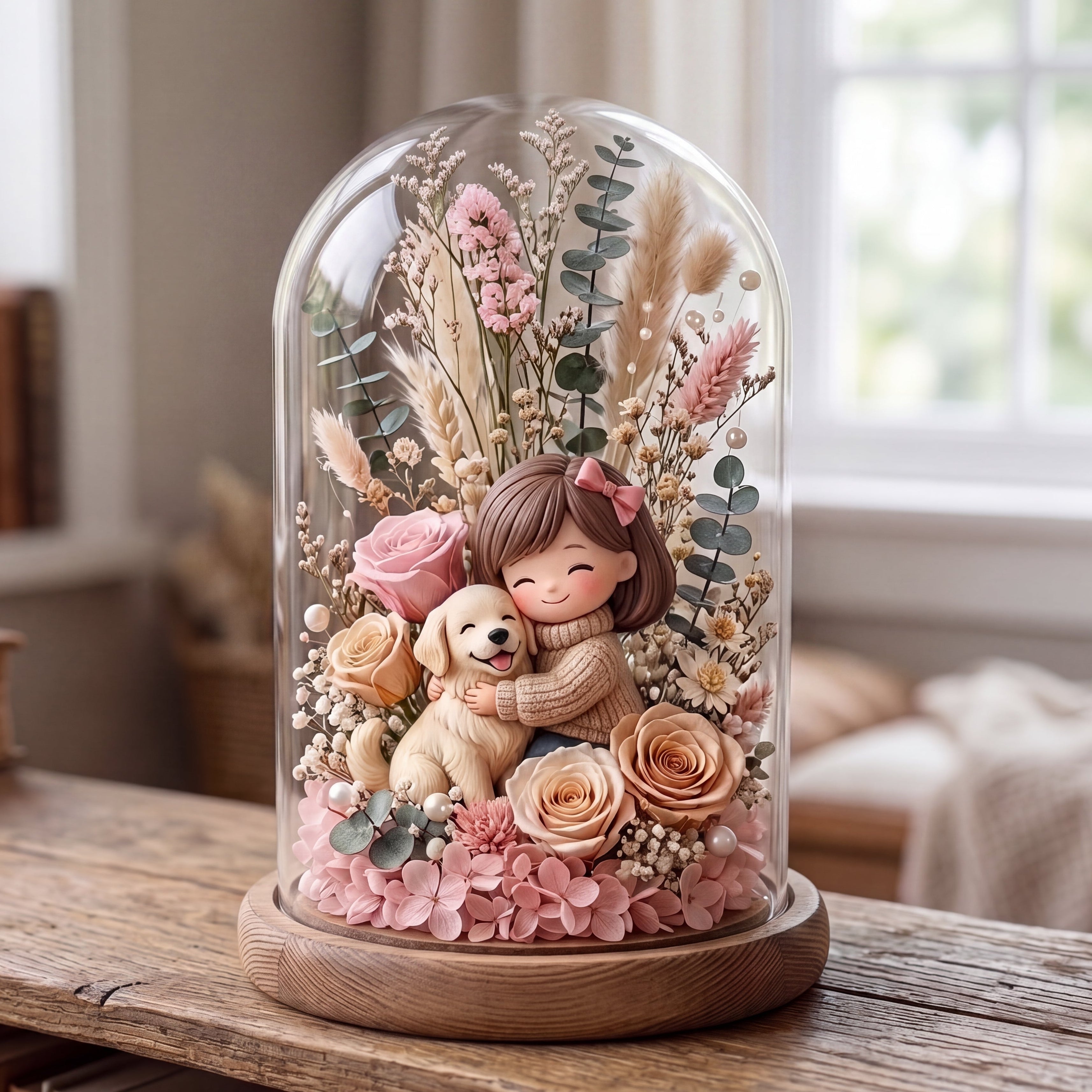 Chibi Pet & Owner Portrait Preserved Flower Glass Dome