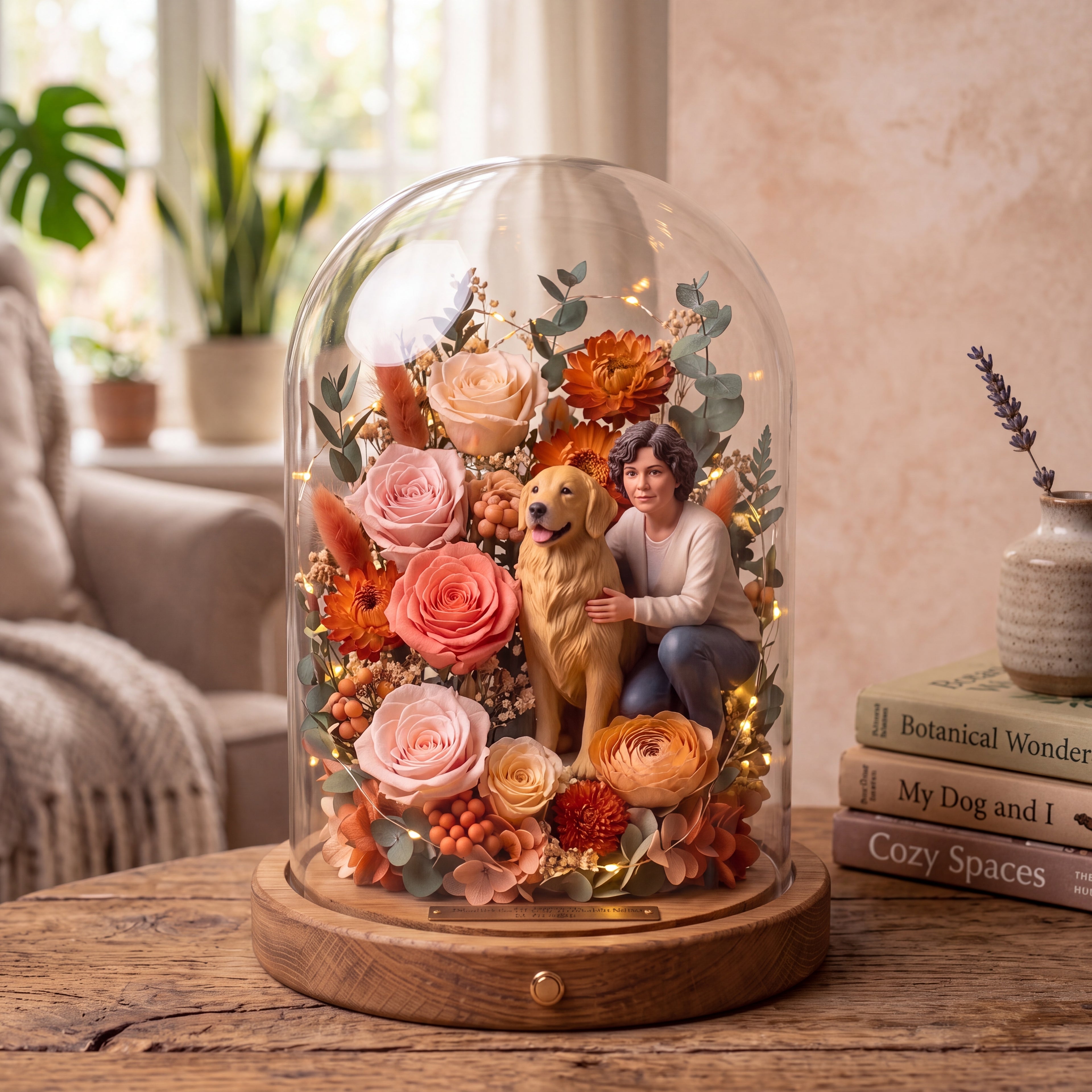 Custom Pet & Owner Figurine Preserved Flower Glass Dome